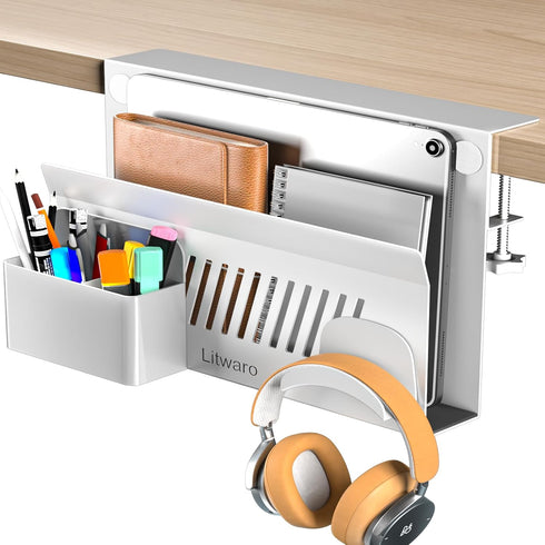 Litwaro Desk Side Storage Organizer, Under Desk Laptop Holder Clamp on Desk Shelf, No Drill Laptop Desk Mount with