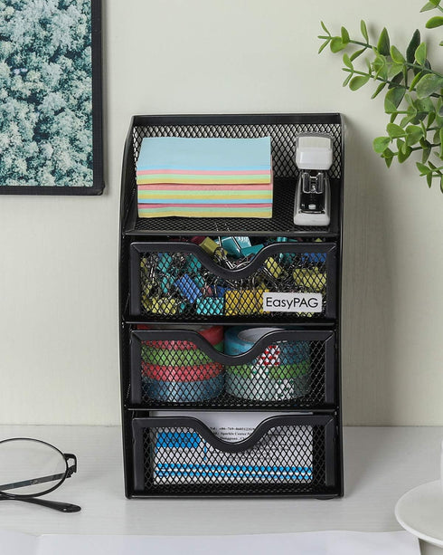 EasyPAG Mesh Desk Supplies Organizer with 3 Drawer, Office Desktop Organizers and Accessories Stationery Caddy, Black