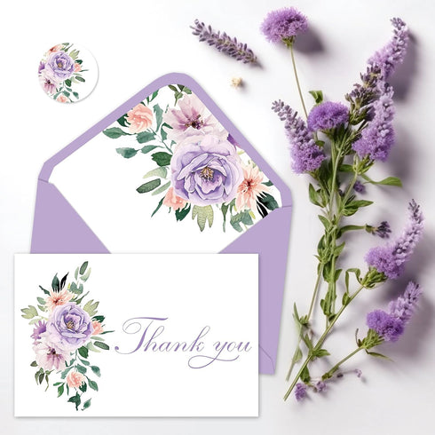 50 Pack JarThenaAMCS Purple Floral Thank You Cards Pink Purple Flower Greeting Cards With Envelopes Stickers Watercolor