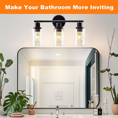 3-Light 18.51" DLLT Bathroom Light Fixtures: Black Modern Vanity Lights with Clear Glass Shade - Bathroom Wall Lamp