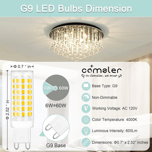 comzler G9 LED Bulb 4000K Natural Daylight, 6W 60 Watt Halogen Equivalent G9 LED Bulb Bi Pin Ceramic Base, 600LM T4 G9 Light Bulbs for Chandeliers No-dimmable 6 Pack by comzler