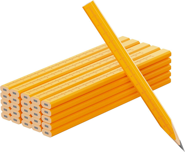 25 Pack Carpenter Pencils with Ruler - Flat Yellow Octagonal Woodworking Pencils