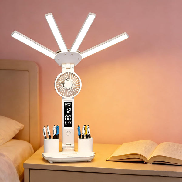 niccryle Foldable Led Desk Lamp with Fan Clock Light Study, 3 Lighting Modes,