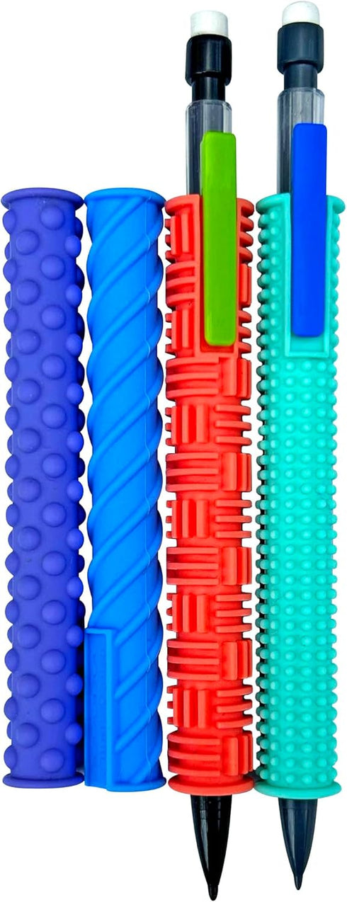Pencil Gidgets Textured Silicone Pencil Sleeve for Fidgeting, 4 Sleeves & 2 Pencils for Focus and Tranquility