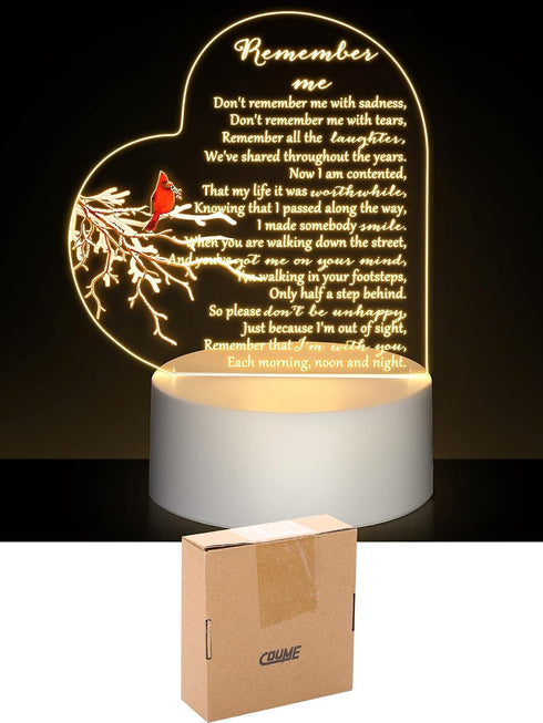 Coume Memorial Gift Night Light Clear Crystal Acrylic Heart Sympathy Gifts Sign LED Light Remembrance Bereavement Decor
