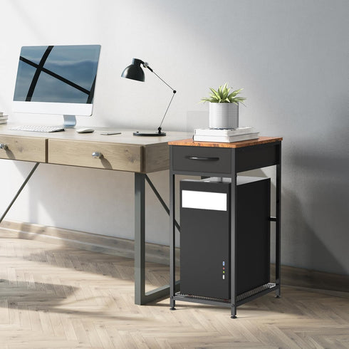 CADUKE 2 Computer Tower Stand PC Tower Stand with Storage Drawer Tier Wood Rolling CPU Holder Stand Mobile Printer Cart