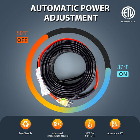 HEATIT JHSF 12ft Self-Regulating Pipe Heating Cable with Thermostat - Energy-Saving Automatic Heat Tape for Pipes