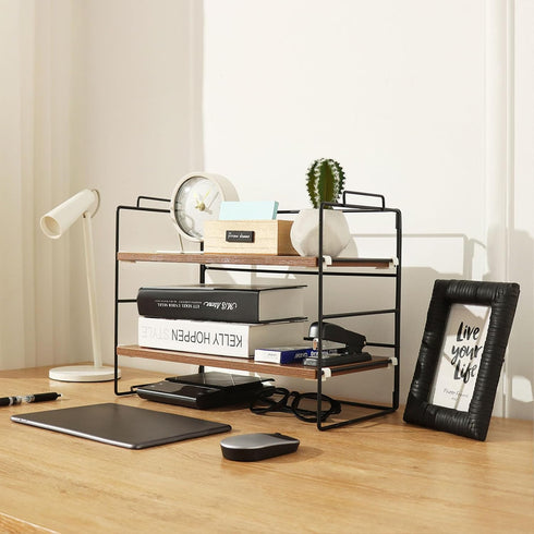 KATHY&BOB Wood Desk Shelf Organizer, 2-Tier Adjustable Stackable Storage Rack for Office, Kitchen, Bathroom,