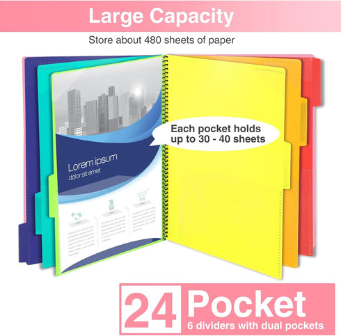 Forvencer 24 Pocket Project Organizer, 1/3-cut Tab Binder with Sticky Labels, Multi Pocket Folder, Blush