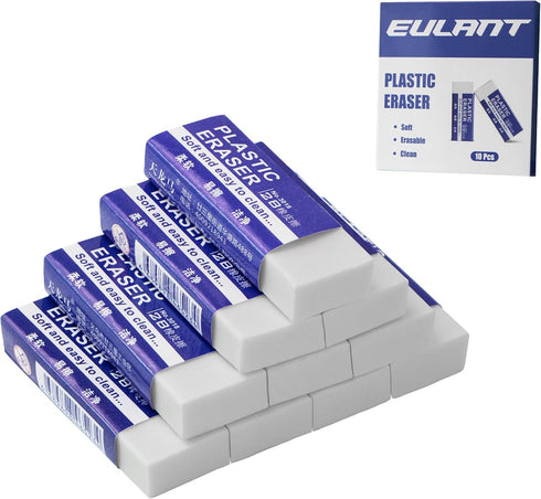 EULANT 10 Pieces Pencil Erasers, White 2B Rubbers for Schools Office Kids Adults, Soft Art Erasers for Writing Drawing