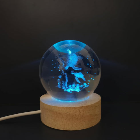 2.36 Inch 3D Sea Turtle Crystal Ball Night Light, Engraved Sea Turtle Crystal Ball lamp with Wooden Base, Turtle Decor