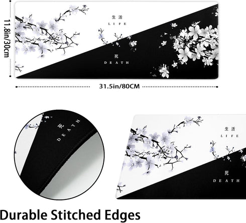 Black White Cherry Blossom Mouse Pad - Japanese Sakura Extended Desk Mat 80X30 cm for Gaming Laptop Desktop