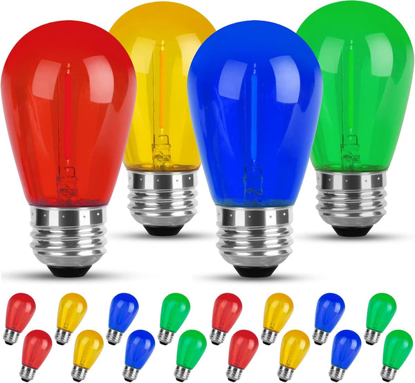 Colored LED String Light Bulbs 16 Pack, S14 Multi-Color Bulb with E26 Screw Base, RGB Bulbs for Wedding Christmas Party
