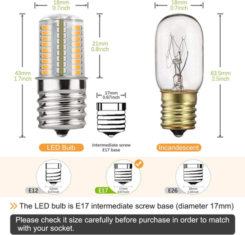 DiCUNO E17 LED Bulb Dimmable, Under Microwave Oven Appliance Light, 4W (30W Incandescent Equivalent), Warm White 3000K, AC110-130V for Stove Top Lights, Kitchen Lighting (2-Pack) by DiCUNO