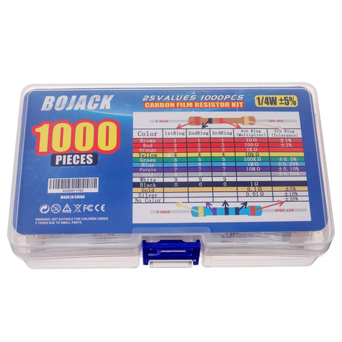 BOJACK 1000 Pcs 25 Values Resistor Kit, 1 Ohm-1M Ohm with 5% 1/4W Carbon Film Resistors Assortment