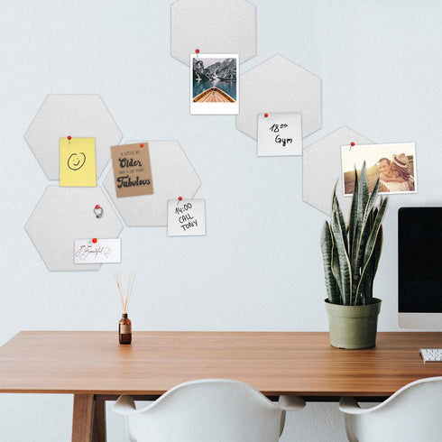 Navaris Hexagon Felt Board Tiles - Set of 6 Memo Bulletin Boards with Push Pins, 5.9 x 7 inches (15 x 17.7 cm) - White