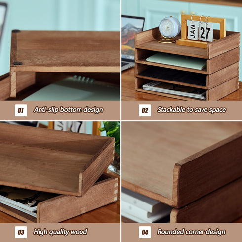 Yeaqee 4 Pcs Stackable Paper Tray, Desktop Letter Size Wood Desk Organizer for Office