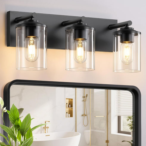 Mikniri 3-Light Bathroom Light Fixtures, Matte Black Bathroom Vanity Lighting Over Mirror with