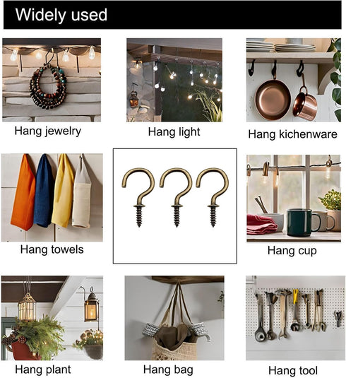 60 Pack 1 Inch Bronze Screw Hooks, Indoor Outdoor Screw Cup Hook for Mug, Plants, Lights