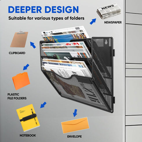 Large Capacity 3 Tier Magnetic File Holder, Black, for File Cabinets, Refrigerator, Office, No Drilling Installation
