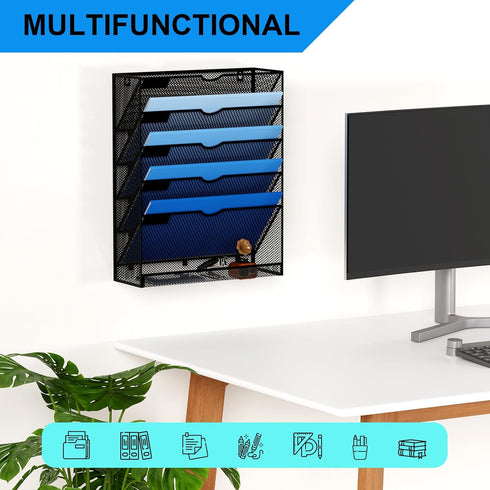 Wall Mounted File Organizer - 6 Tier Hanging Document Holder for Office Home, Black
