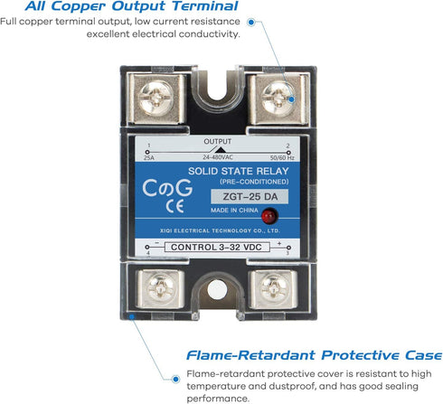 CG Solid State Relay SSR-25DA, DC to AC Input 3-32VDC, Output 24-480VAC, 25A Single Phase, Plastic Cover