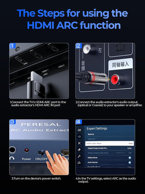PERESAL 192KHz RCA+3.5mm HDMI ARC Audio Extractor with Optical Cable ARC Converter HDMI ARC to Optical TOSLINK SPDIF
