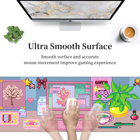 Pixel Pink Computer Mouse Pad, Extended XL Gaming Mice Pad with Stitched Edges, 31.5 X 11.8 Inch
