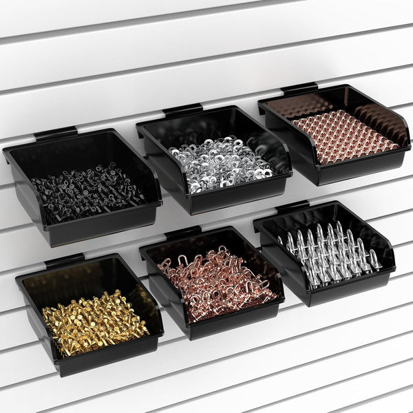 6 Pack Slatwall Bins with Hooks, Plastic Organizer Containers for Slat Wall, Garage, Craft Room, Tool Shed