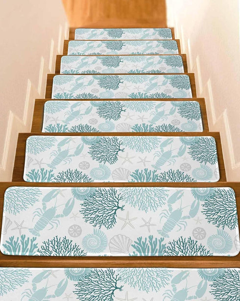 BOHOOSKYLAR Blue Lobster Stair Treads Ocean Starfish Blue Coral Shell Marine Life Indoor