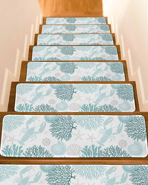 BOHOOSKYLAR Blue Lobster Stair Treads Ocean Starfish Blue Coral Shell Marine Life Indoor