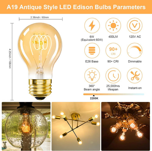 A19 E26 Bulbs 6W 60 6 Pack Dimmable E26 Bulbs 2200K, A19 Bulb 400LM Vintage Edison LED Equivalent Watt, LED Edison