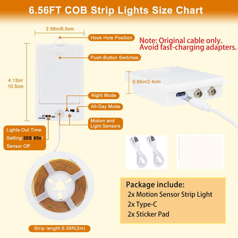 6.56ft 640LEDs 4000K 2 Pack OMIKA COB Motion Activated LED Strip Light, Natural White Rechargeable Night Light, Safe