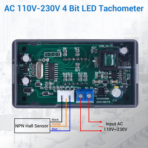 Digital LED Tachometer, Icstation RPM Speed Meter AC 110V 220V Digital Motor Tachometer with Hall Proximity Switch Sensor NPN for Lathes, Conveyor Belts, Quality Inspection Machines