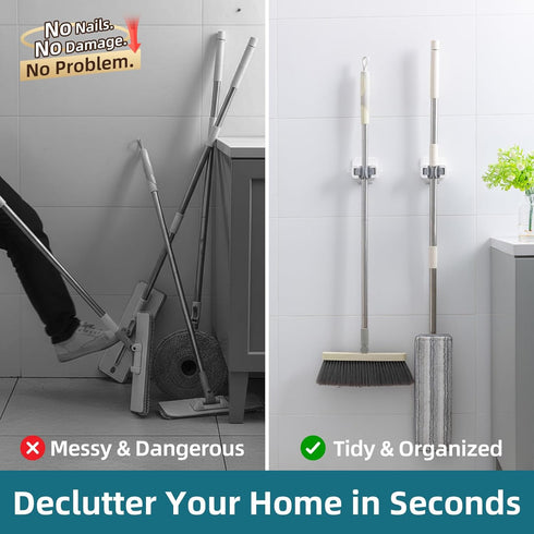 2 6 4 lbs, TAILI Mop and Broom Holder Wall Mount Grippers, Hangers and Adhesive Strips, Damage Free Hanging Wall Mount