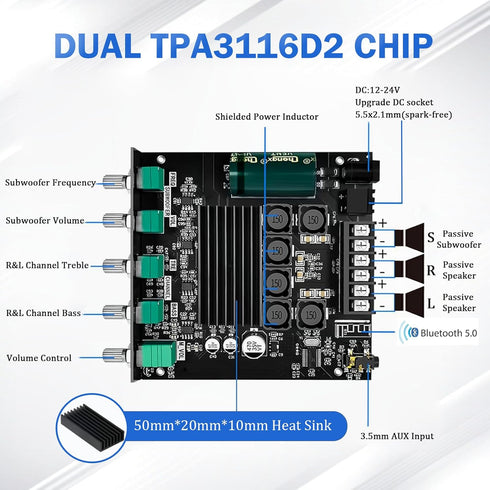5.0 50W+50W+100W 2.1 TPA3116D2 Bluetooth Channel Subwoofer Amplifier Board HiFi Treble and Bass Control Stereo Digital