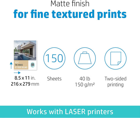 8.5x11 40 lb, 150 (Q6543A) HP Enhanced Business Paper, Matte, in, sheets, works with laser printers