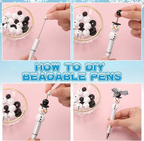 Beadable Pens Bulk - Winter Bead Pens with Snowmen Wooden Beads, Black Ink Pen for Christmas Kids School Supplies
