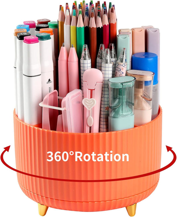 Desk Pencil Pen Holder - 5 Slots 360° Degree Rotating Organizer for Office, School, Home, and Art Supplies (Orange)
