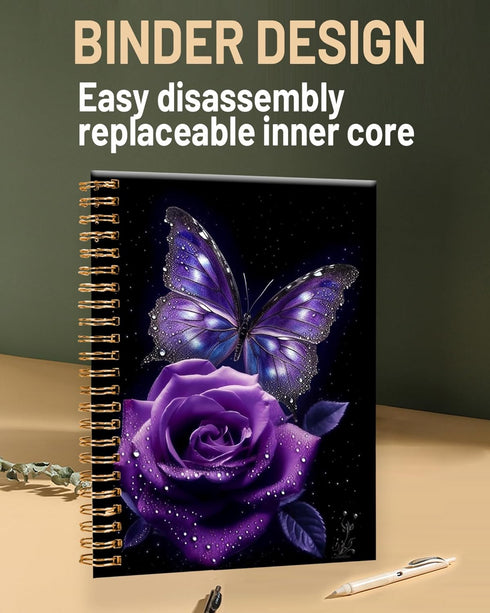 Spiral Journal Notebook for Women,Cute A5 College Ruled Notebooks 6"x 8.4", 120 Pages Lined Journal with Premium Thick Paper,Perfect for School Office Home Gifts(Starry Purple Rose Butterfly) by FVBAO
