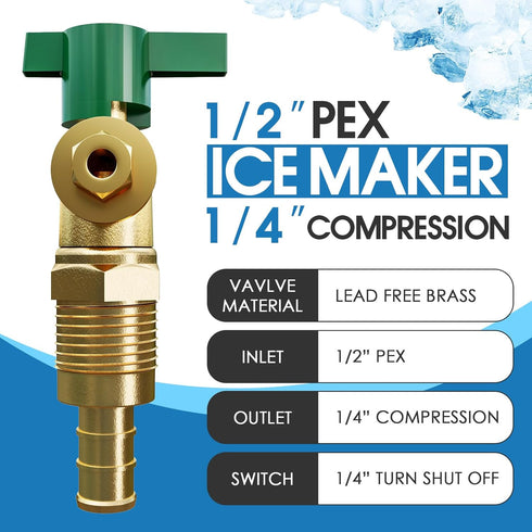Ice Maker Outlet Box, 1/2 Inch Pex Crimp Inlet x 1/4 Inch OD Compression Outlet, Ice Maker Valve Wall Box