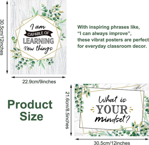 Pajean 13 Pcs Growth Mindset Posters, Simply Boho Eucalyptus Motivational Classroom Decorations for Teachers and