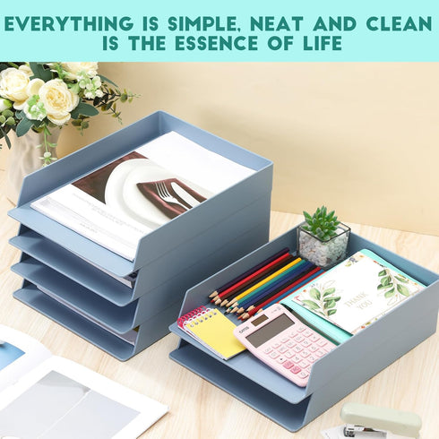 TecUnite 8 Pieces Stackable Blue Letter Trays for Desk, Rectangular Plastic File Organizer for Office Classroom Desktop