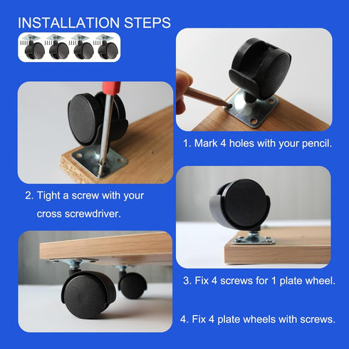 Dalyndar 1.5 Inch 4 Pack 360 Caster Wheels Replacement Universal Small Swivel Rollers for Furniture Filing Cabinet Desk