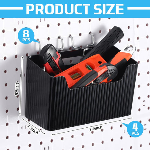 Suzile 4 Pcs Pegboard Bins Set | 7.9 x 3.3 x 4.7'' Plastic Containers with Metal Hooks for Organizing Storage Tools
