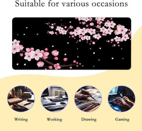 Gaming Mouse Pad with Stitched Edges,Sakura Cherry Blossoms Desk Mat, Extended XL Mousepad with Anti-Slip Base, Cool Desk Pad for Keyboard and Mouse,35''×15.7''