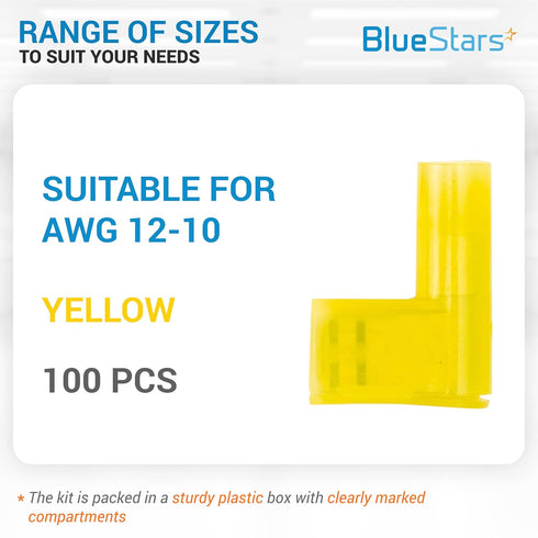 BlueStars 100 PCS YELLOW Flag Spade Terminals Female AWG 12-10, 400V, 24A Electrical Connectors Kit, Nylon Flag Spade Quick Disconnects Female Wire Connector - Right Angle