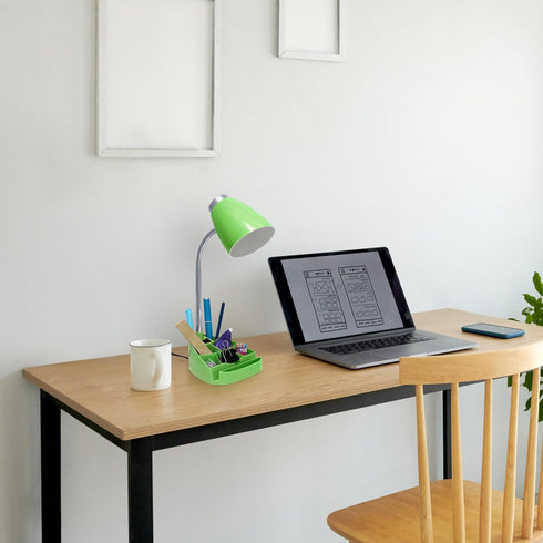 LD1067-GRN Simple Designs Compartmental Desk Lamp with iPhone/iPad/Tablet Stand, Bendable Gooseneck, for Office, Living