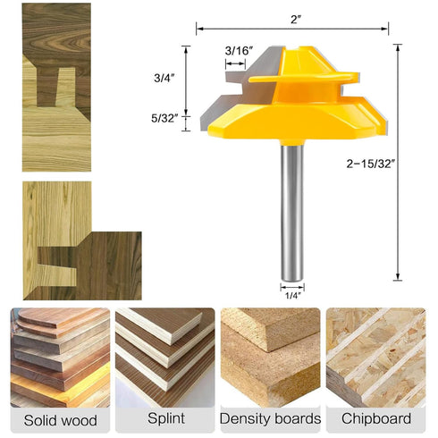 YHSITFNG 45 1/4 Inch 1/2", 5/8", 3/4" (3) Degree Lock Miter Router Bit, Shank, Cutting Height Joint Router Bits