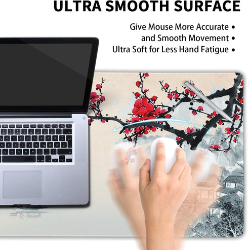 XXL Large Gaming Mouse Pad, Sakura Cherry Blossom Extended Desk Pad, Non-Slip Rubber Base 35.4x15.7in